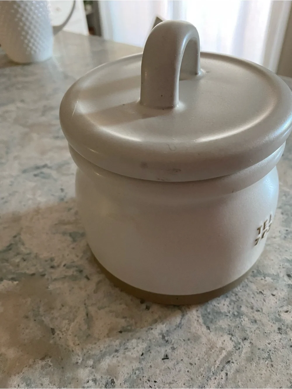 Heart Hand Cream Stoneware Tea Canister with Lid - 'TEA 7 OZ' Embossed